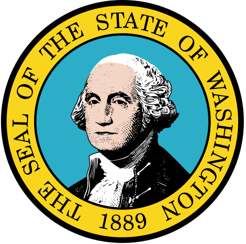 Washington State seal - G. Washington's face surrounded by a yellow circular border.